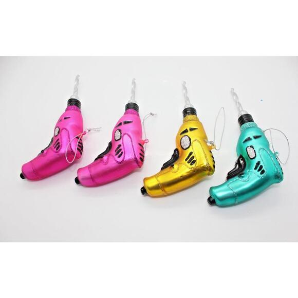 Other - Rare Power Drill Ornaments Tools Set Of 4 Blown Glass Pink Yellow Teal Christmas